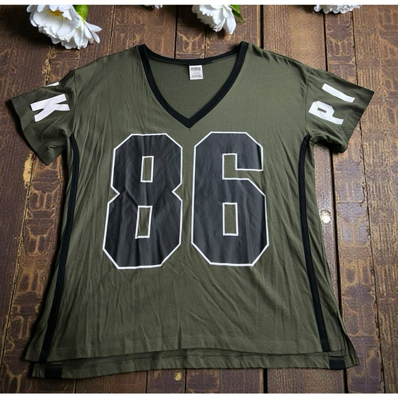 Victoria’s Secret PINK V-Neck Top Sz Large Dark Green Short Sleeve Tee Shirt - Picture 4 of 6